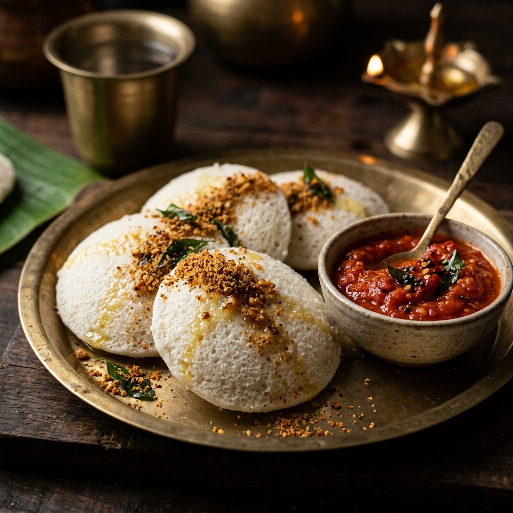 Steamed Idlis with Podi Gunpowder & Ghee